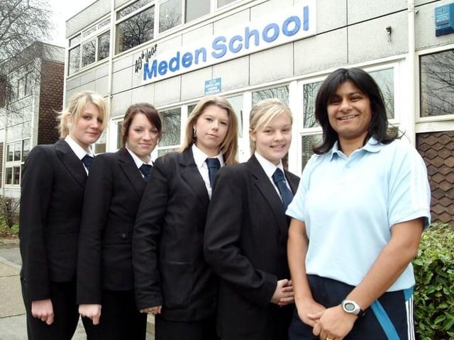 Kamal Harvey-Mistry, PE teacher at Meden School in Warsop, with pupils, from left, Tara Wheatley, Olivia Swycher, Lisha Rhodes and Sophie Jerram. The photo is from 2006.