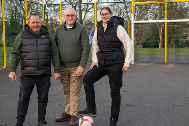 Selston parish councillor David Martin (left) with Ashfield councillors Dave Shaw and Helen-Ann Smith at on the play areas that will be refurbished as a new PlayZone. Photo: Submitted