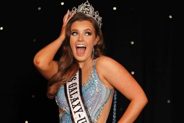 Chloe-Rose Adkin, 22, of Mansfield, celebrates her victory in the Miss Galaxy UK beauty pageant of 2023.