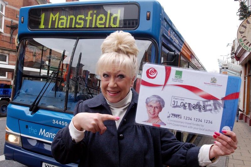 Actress Jean Fergusson best known for her role as Marina in Last of the Summer Wine and star of Mansfield Palace Theatre panto launches the new bus concession pass in Mansfield.