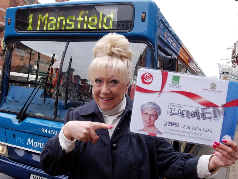 Actress Jean Fergusson best known for her role as Marina in Last of the Summer Wine and star of Mansfield Palace Theatre panto launches the new bus concession pass in Mansfield.
