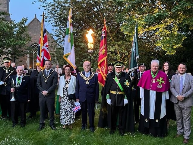 The group at the Ashfield’s Platinum Jubilee Beacon Lighting, which was held at St Wilfrid’s Church in Kirkby, including Reverend Kevin Charles and Commander of King Offa, Chevalier Mario Rizzardi.