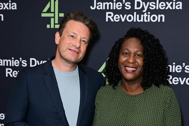 Juliet Campbell with TV chef Jamie Oliver who presented a documentary earlier this year about his own experiences with dyslexia. Photo: Anthony Harvey/Shutterstock for Channel Four