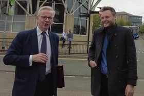 Coun Ben Bradley, right, with Levelling Up Secretary Michael Gove near Mansfield Bus Station. Picture: Submitted