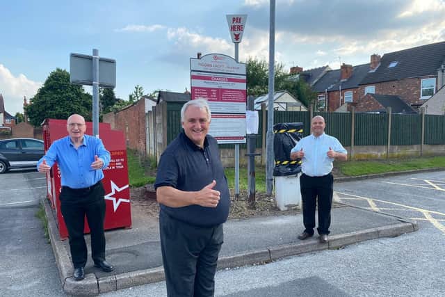 Hucknall councillors John Wilmott (left), Dave Shaw and Ian Briggs (right) have welcomed free parking in all council-owned car parks throughout December. Photo: Submitted