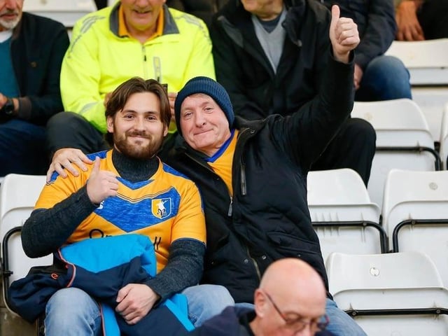 Stags fans enjoy a 2-1 win at Stevenage in 2021.