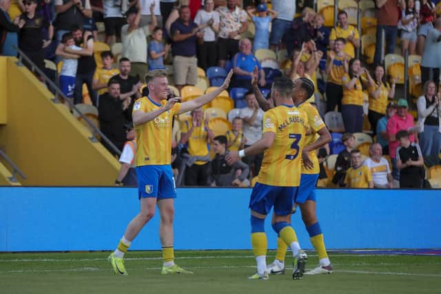 Stags score again through Will Evans during the Sky Bet League 1 match against Peterborough Utd FC at the One Call Stadium, 30 April 2025, Photo credit Chris & Jeanette Holloway / The Bigger Picture.media