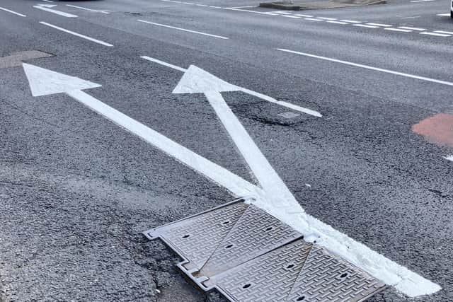 Image shows repainted lines on Southwell Road in Mansfield.