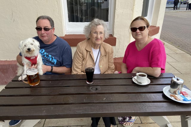 John Parkin, Margaret Todd and Judith Parking with Bailey enjoying a relaxing afternoon at The Marine Hotel, Seaton Carew.