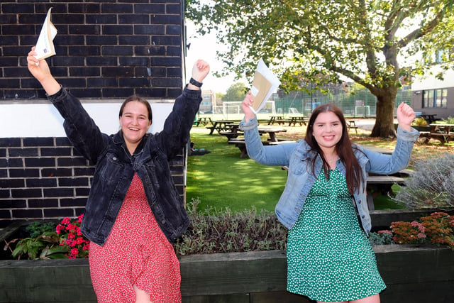 St Edmund's Catholic School students (l-r) Caitlin Jones (16) who got seven 9s, three 8s, and one 7 with Lily Robson (16) who got six 9s, two 8s and two 7s with their results. Picture: Sarah Standing (200820-2987)