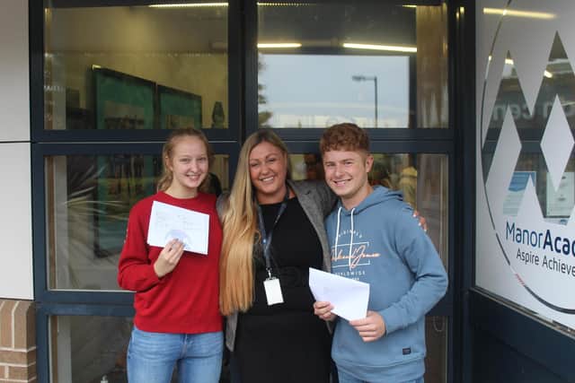 Sharna Shaw and Keenan McPhee with Katrina Kerry, headteacher