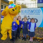 Pudsey visits Healdswood Infant and Nursery school. Pudsey seen with reception pupils.