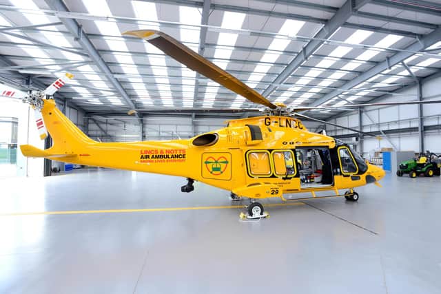 Lincs & Notts Air Ambulance's new Leonardo AW169 helicopter in its new, purpose-built hangar.