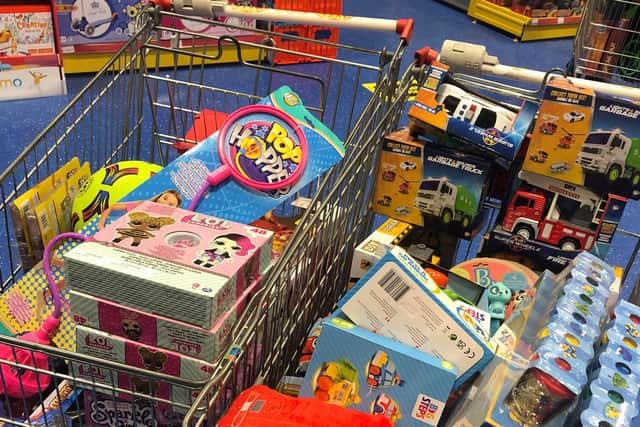 Trolley of Smyths toys (Mansfield store) donated to help those in need in Mansfield this Christmas