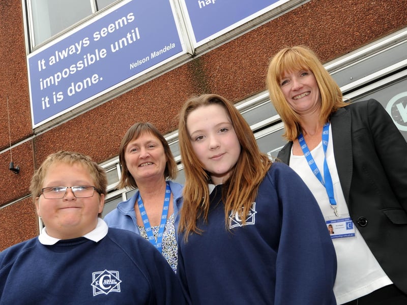 Ofsted celebrations at Kirkby College in 2013. Pictured is Janine McKenzie and Bev Blagden both acting Heads and Eddie Tearall 12 and Kia Wilde 12.