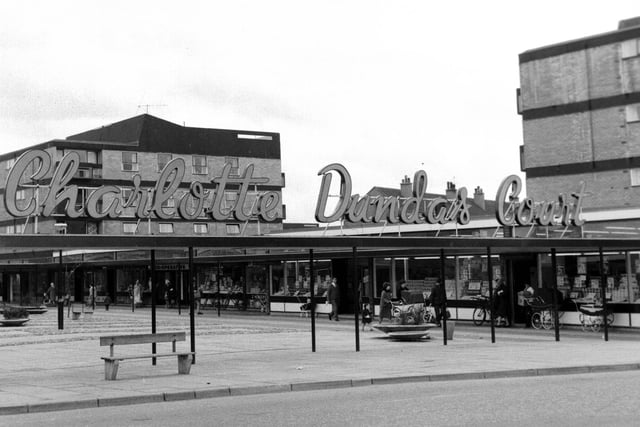 Exterior of Charlotte Dundas Court shopping centre in Grangemouth in June 1966.