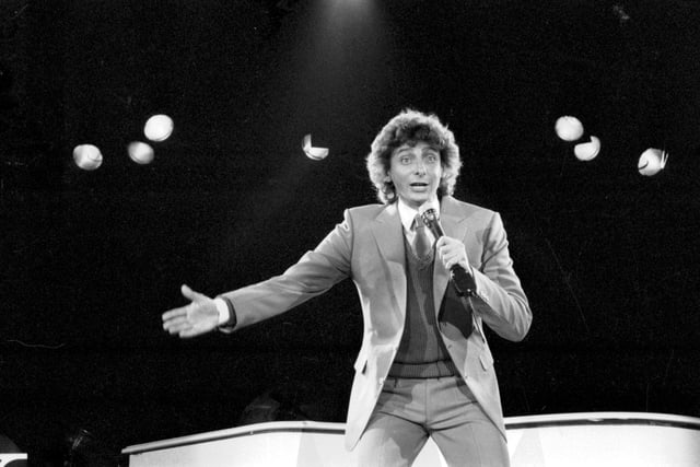 American singer Barry Manilow on stage at Ingliston in Edinburgh, January 1982.
