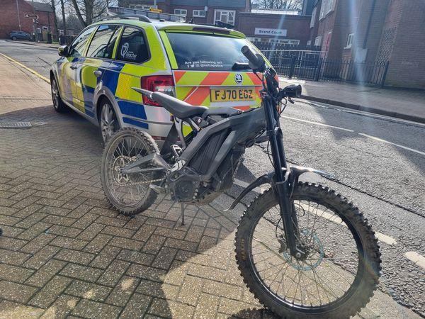 Police said: "Mr Sur-Ron rider was not expecting to bump into Reacher and the roads policing unit in Stanton Hill. He certainly didn't expect us to find him hiding in a shop after trying to get away. One under arrest for failing to stop, dangerous driving,no insurance and driving whilst disqualified. Naughty boy!"