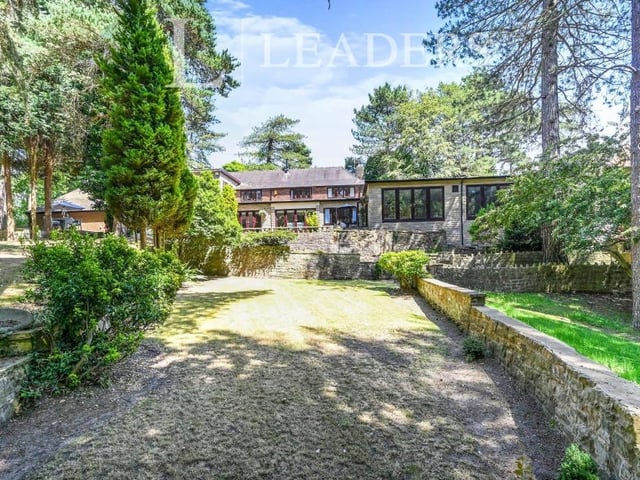As if it didn't look eyecatching enough from the front, how about this view of The Pines from the rear? Sloping lawns sit on various levels, amid fine standing trees. To the north of the house, there is also a series of meandering walkways through trees.