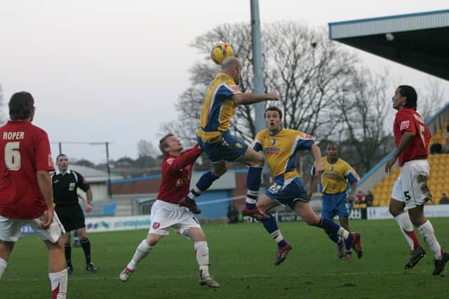 New signings Barry Conlon and Martin Gritton combine in Walsall's last visit to Mansfield Town back in 2007 - Pic by: Richard Parkes
