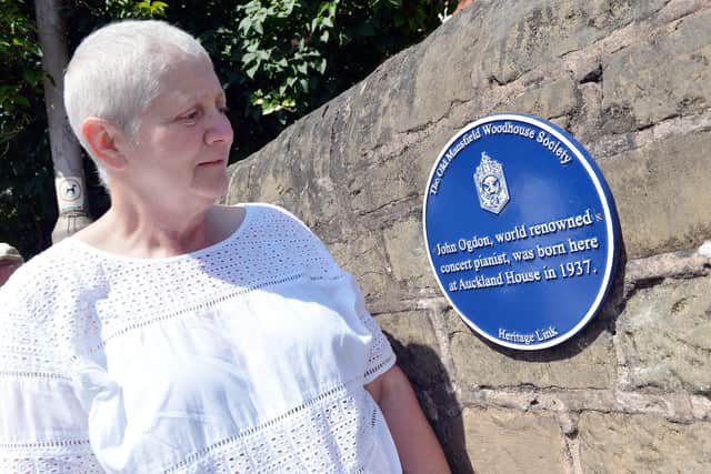 Old Mansfield Woodhouse Society the unveiling of a Blue Heritage Plaque in honour of John Ogdon the world renowned concert pianist. Pictured by the plaque is Ann Sewell archivist of the society.