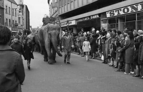 Elephant parades through Mansfield Market Place from Stockwell Gate.