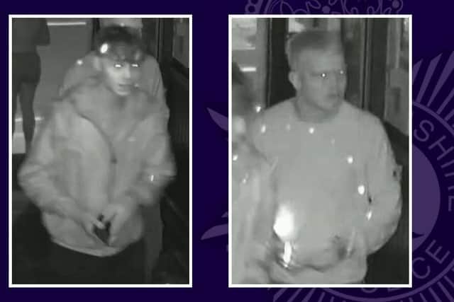 Officers have released images of two men they wish to trace after a brutal assault in a pub toilet left a victim with multiple broken bones