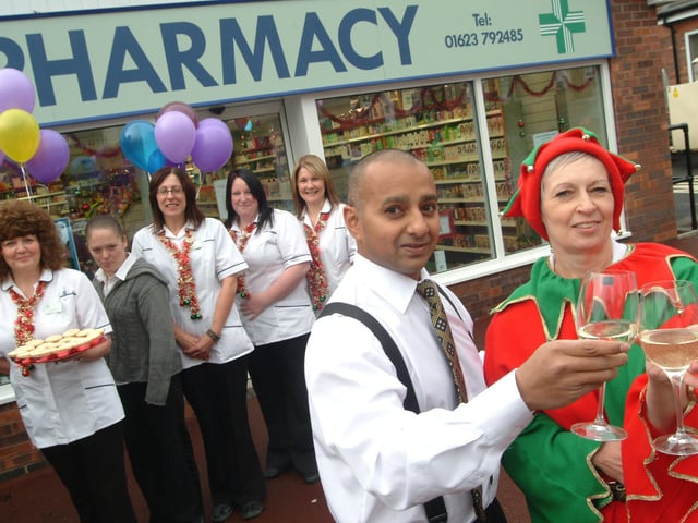 Back in 2008, Blidworth Pharmacy re-opened a new store on Monday with a Christmas Raffle for Children In Need. It included a Hog Roast and free health checks. Manager Parviz Gundkalli, second right is pictured with Dispenser Sharon Holland, right celebrating the opening watched by staff, from the left; Barbara Spedding, Claire Randall, Maxine Holden, Kaya James and Elizabeth Hill.