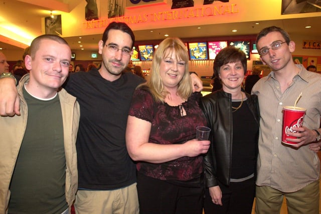 UCI cinema staff members, Simon Beaumont, Rob Evans, Angela Johnson, Jenny Atkins and Steve Pimperton at the cimema's closing party in 2003