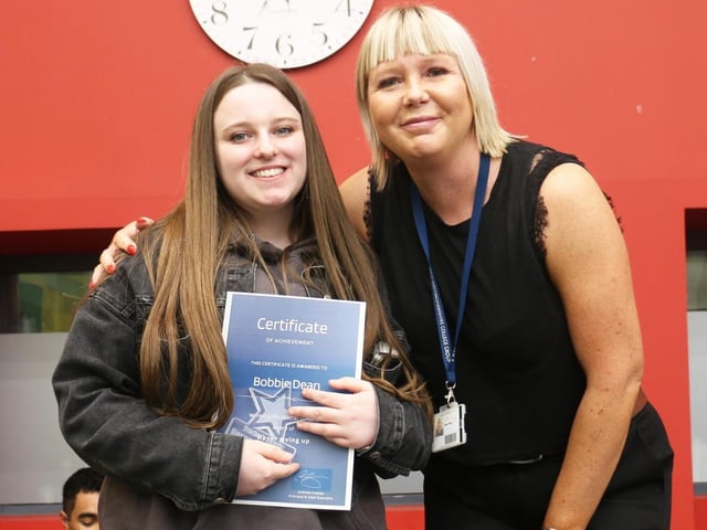 Special Student Award Never Giving Up winner Bobbie Dean with business teacher Sarah Taylor