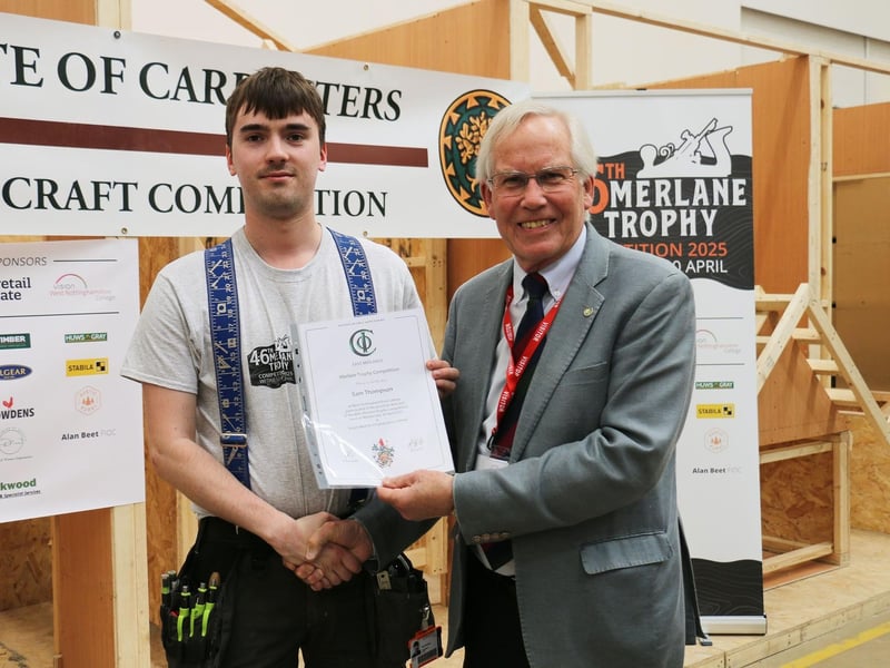 Sam Thompson with president of the Institute of Carpenters Geoff Rhodes