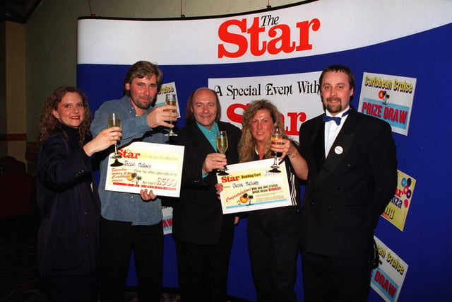 Jackie and Glen Mellows celebrating their win of a Caribbean cruise at The Star Extravaganza Evening at Vardon Bingo. L to r Rebecca Barnet, Glen Mellows, Mick Milner, Jackie Mellows and Alan Bell.