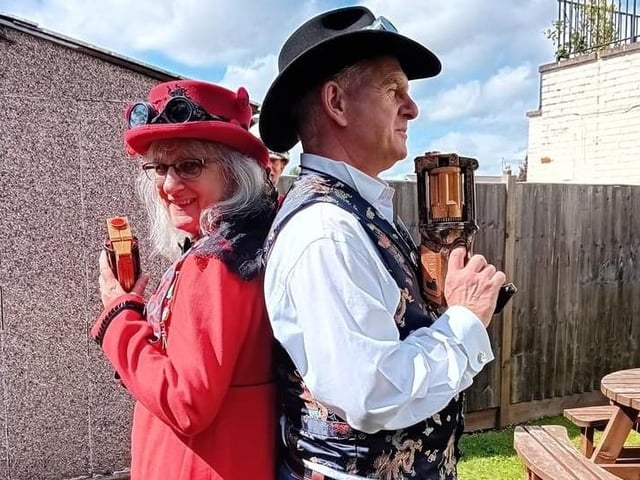 Nerf Wars duelling members Dawn Turbbutt and Brian Brooks.