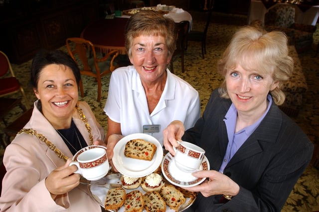 The Lord Mayors office joined in the Macmillan cancer relief world's biggest coffee morning in the mayors parlour inside Sheffield Town Hall in 2003. The Lord Mayor councillor Diane Leek seen here with Anne Flounders and town hall catering assistant Judith Cooke