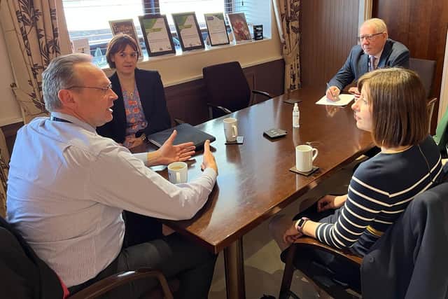 College principal Andrew Cropley, left, director of Nottingham Trent University’s Mansfield Hub Sarah Mayfield, second left, and chair of governors Sean Lyons talked to Ms Phillipson about the successful partnership between the two institutions.