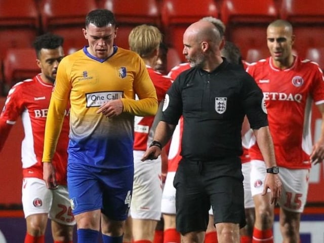 Matt Preston questions the ref after Charlton score