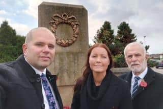 Outside the Mansfield War Memorial are, from left, Coun Rob Elliman, Mansfield Council member for Oakham, Coun Sinead Anderson, member for Eakring, and Mansfield mayoral candidate Coun Andre Camilleri