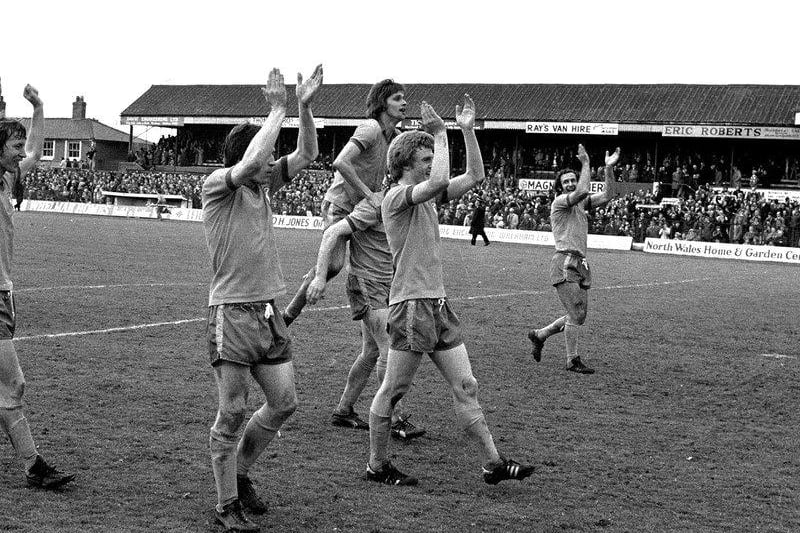 Stags celebrate promotion after last game win at Wrexham's Racecourse Ground in 1979.