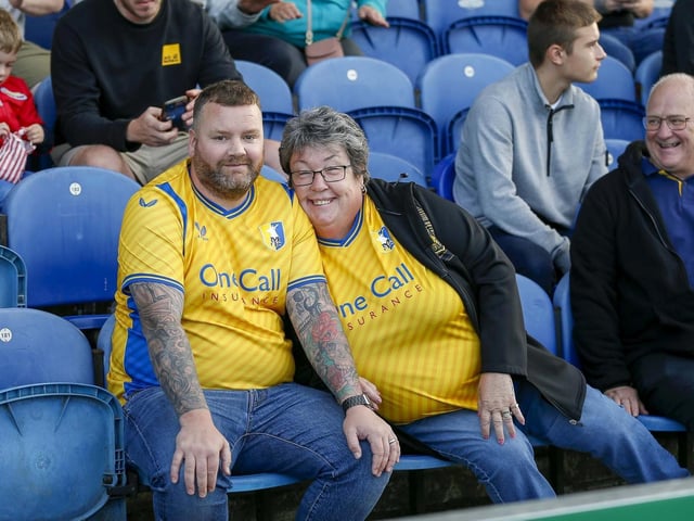 Mansfield Town fans ahead of the win over Grimsby Town on 8th Aug 2023.