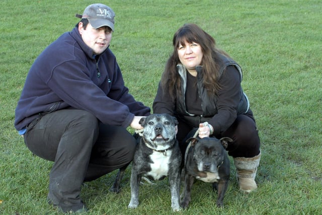 Lana Michaels, Manager of the Jay Gee Dog Sanctury at Blidworth pictured kennel hand Darren Davey and Luke and  Jazz to of the homeless dogs back in 2006