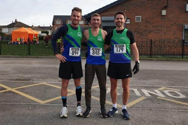 Mansfield Harriers' winning Clowne half team, left to right, Adam Wright, Kristian Watson and Jack Cooke.