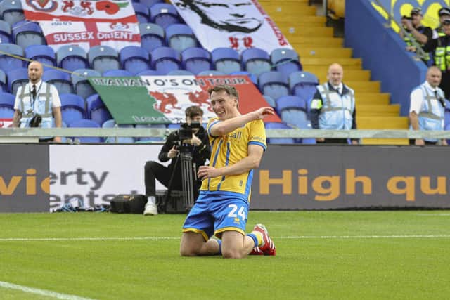 Regan Hendry celebrates during the Sky Bet League One match against Leyton Orient FC at the One Call Stadium, 23 Aug 2025, Photo credit Chris & Jeanette Holloway / The Bigger Picture.media