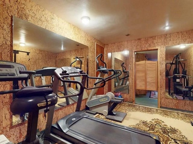 The gym is accessed off the lower ground floor hallway with ceiling lighting and access into a large storage room and a further WC and sauna.