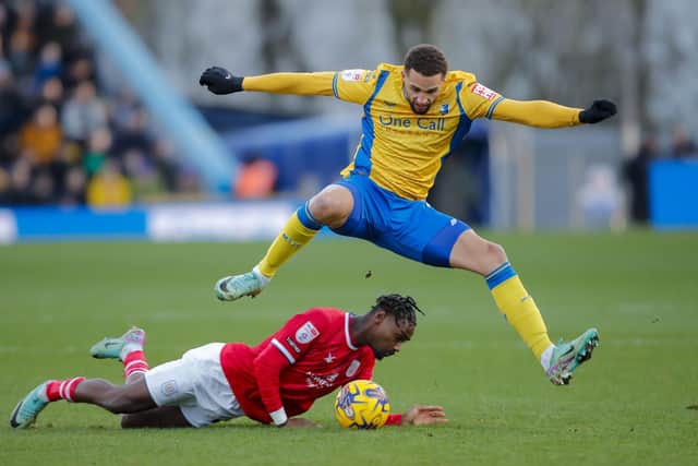 Jordan Bowery acrobatics against Crewe Alexandra. Photo by Chris & Jeanette Holloway / The Bigger Picture.media