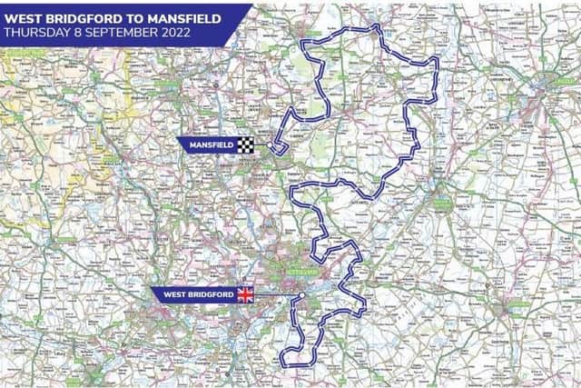 A map showing how the route weaves its way through the county from West Bridgford to Mansfield for stage five of the race