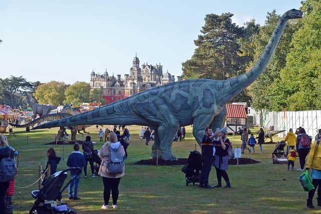 Gigantic animatronic dinosaurs descend on Thoresby Hall for Dino Kingdom's event.