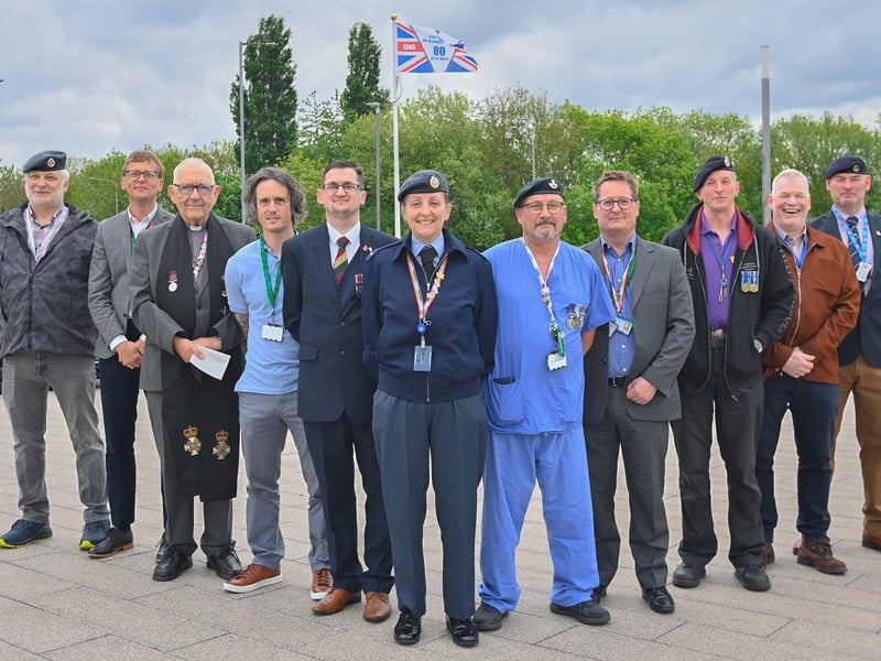 Acting Chief Executive and members of the Armed Forces Network participated in a VE Day flag-raising event outside King's Mill Hospital.