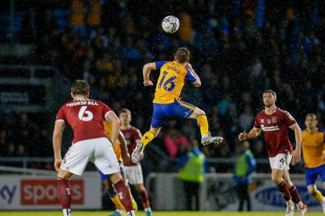 Mansfield Town midfielder Stephen Quinn jumps high to win the header.