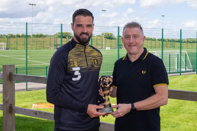 Chad sports editor John Lomas presents Stephen McLaughlin with this year's Chad Readers' Stags player of the year trophy. McLaughlin was a clear winner, polling over half your votes, with Stephen Quinn second and Nathan Bishop third.