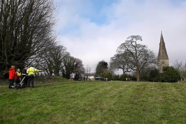 The site of Kirkby Castle, located next to St. Wilfrid’s parish church in Kirkby. Image: Denis Hill